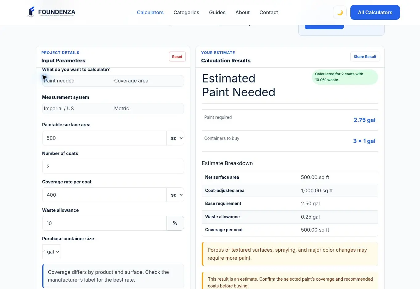 Paint Coverage Calculator estimating 2.75 gallons and three 1-gallon containers