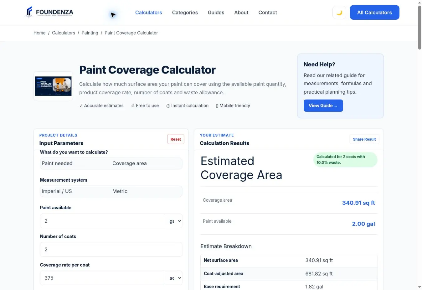 Paint Coverage Calculator showing 2 gallons covering 340.91 square feet with two coats